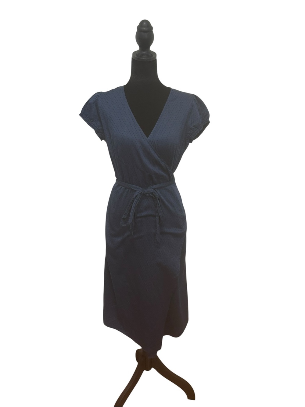 Vintage France Wrap dress small Navy Black Polka Dot Cotton Cottage knee length - Picture 3 of 12